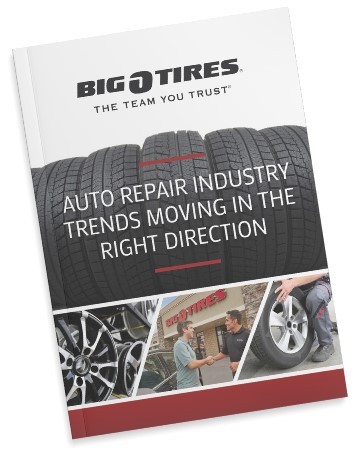 Cover of a report titled "Auto Repair Industry Trends Moving in the Right Direction" by Big O Tires, featuring images of tires, wheels, a handshake, and a technician inspecting a tire.
