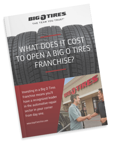Cover of a brochure titled "What Does It Cost to Open a Big O Tires Franchise?" showing two people shaking hands in front of a Big O Tires store. Text about investing in a franchise is also visible.