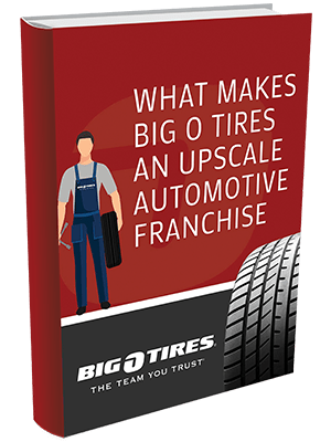 Brochure for tire and auto repair franchise showcasing franchise opportunities with an illustration of a mechanic and a tire.